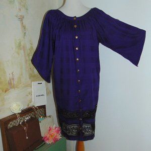 Amber Sakai Purple Kaftan Dress 3/4 Bat Sleeve Black Lace Trim Caftan BoHo M/L